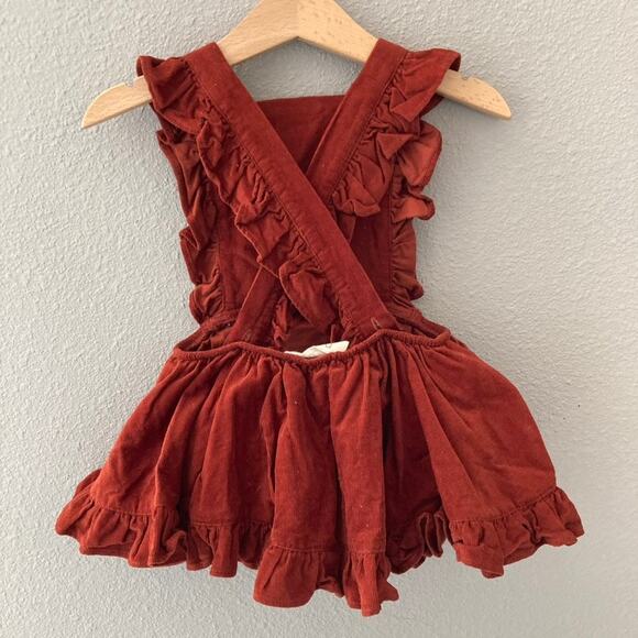 Numi Kids Fine Wale Corduroy Ruffle Pinafore Dress - Rust Brick Red - 2T - Picture 2 of 8